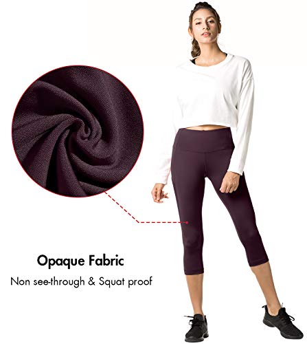 LAPASA Mallas Deportivas 3/4 Capris de Mujer Cintura Alta con Bolsillo (Leggings para Yoga, Pilates, Running) L02 (XS/34 (Cintura 58-66, Cadera 74-82 cm), Rojo Oscuro (Bolsillo Lateral))