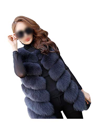 Largo Chaleco Peludo de Moda para Mujer Chaleco de Piel Sintética Invierno Cálido Chaqueta Pelo Sintético de Abrigo sin Mangas,Abrigo de Felpa Fur Vest Tops Moda Gilet D-Azul-2 L