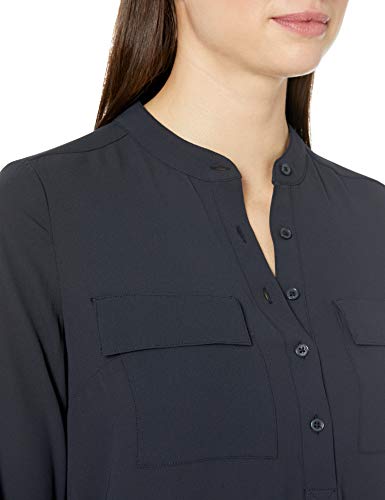 Lark & Ro Long Sleeve Sheer Utility Woven Tunic Top with Band Collar Shirts, Azul marino oscuro, US 12 (EU L)