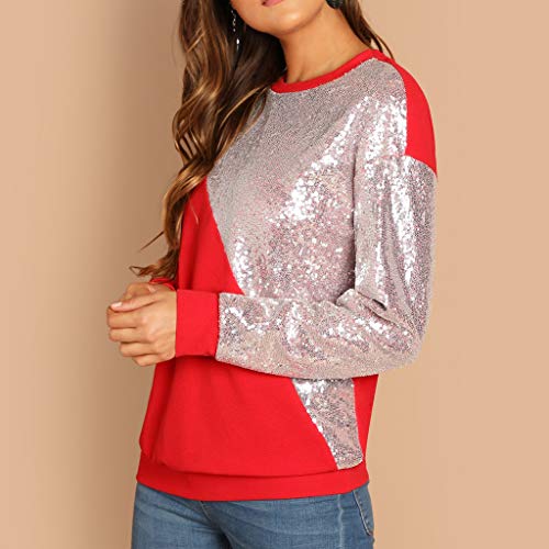 Las niñas de Las Mujeres de Manga Larga Cuello Redondo Panel de Lentejuelas suéter Superior Informal Elegantes Blusa Delgado Sudadera riou