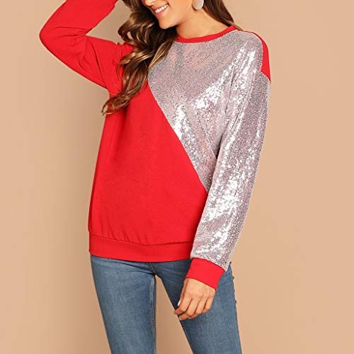 Las niñas de Las Mujeres de Manga Larga Cuello Redondo Panel de Lentejuelas suéter Superior Informal Elegantes Blusa Delgado Sudadera riou