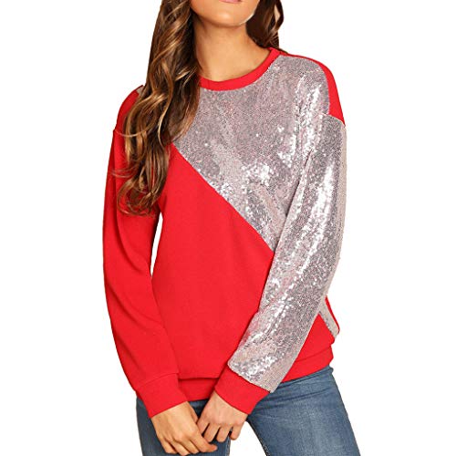 Las niñas de Las Mujeres de Manga Larga Cuello Redondo Panel de Lentejuelas suéter Superior Informal Elegantes Blusa Delgado Sudadera riou