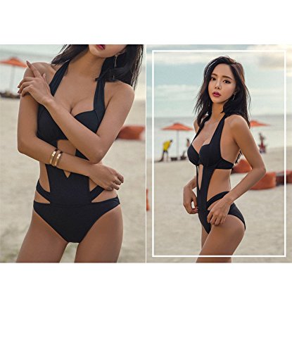 LATH.PIN - Traje de baño de mujer entero negro - Bikini sexy para la playa - Cuello en V - Push Up acolchados - Ideal para la playa, el verano, las vacaciones o fiestas Negro XL