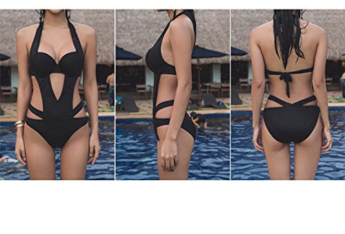 LATH.PIN - Traje de baño de mujer entero negro - Bikini sexy para la playa - Cuello en V - Push Up acolchados - Ideal para la playa, el verano, las vacaciones o fiestas Negro XL