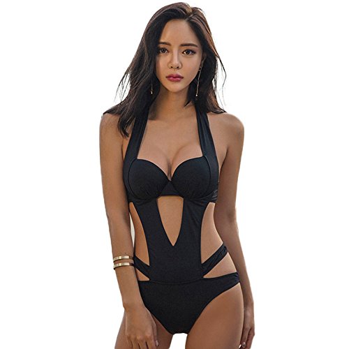 LATH.PIN - Traje de baño de mujer entero negro - Bikini sexy para la playa - Cuello en V - Push Up acolchados - Ideal para la playa, el verano, las vacaciones o fiestas Negro XL