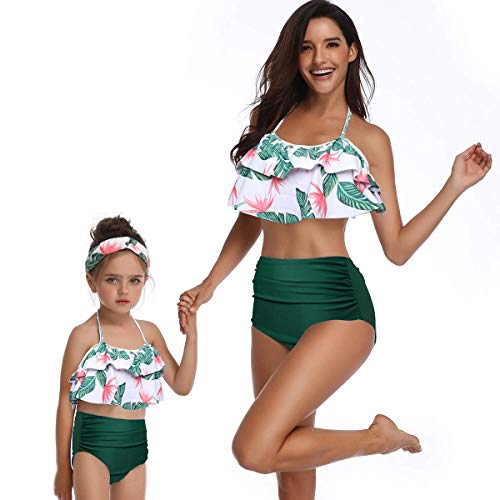 Lazeny Madre e Hija Traje de Baño Mujer Niña Bikini Familia Talle Alto Bañadores con Diadema, Ropa de Playa de Verano Padre e Hijo Bañador de Natación (Hoja 2,Women Small)
