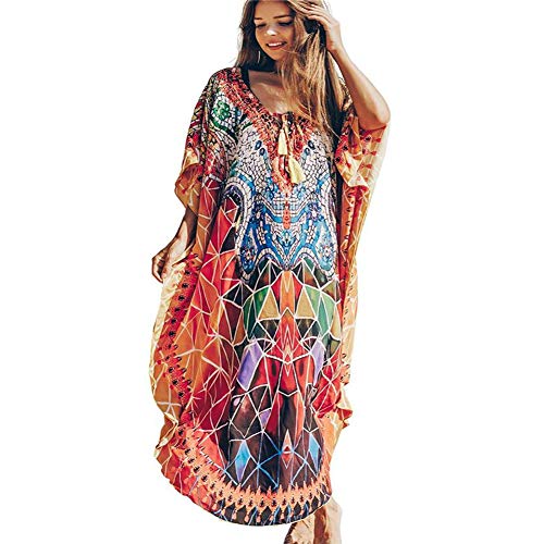 Lazz1on Caftan Vestido Largo de Playa Mujer Verano Traje de Baño Bohemio Floral Maxi Túnica Pareo Bikini Cover Up