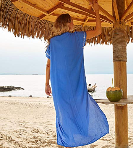 Lazz1on Kaftan Vestido Largo de Playa Mujer Largo Túnica Pareo Bikini Cover Up Boho Traje de Baño Blusa (Azul)