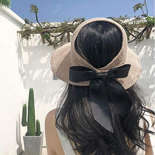 Lazzon Mujer Sombrero Sol de Paja Verano Playa Pamelas Raffia Protección ala Ancha UV Gorro Plegable con Bowknot