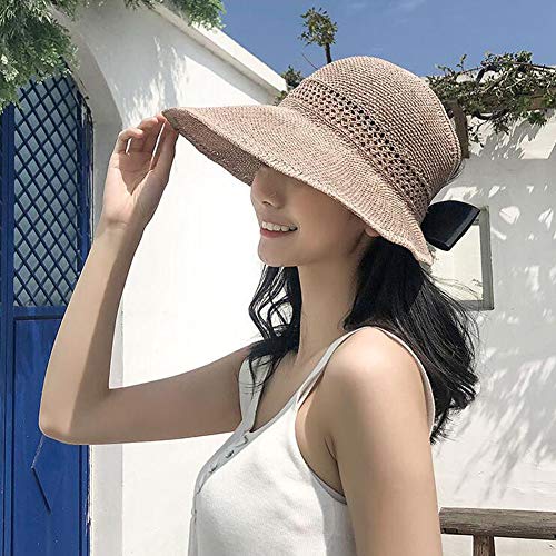 Lazzon Mujer Sombrero Sol de Paja Verano Playa Pamelas Raffia Protección ala Ancha UV Gorro Plegable con Bowknot