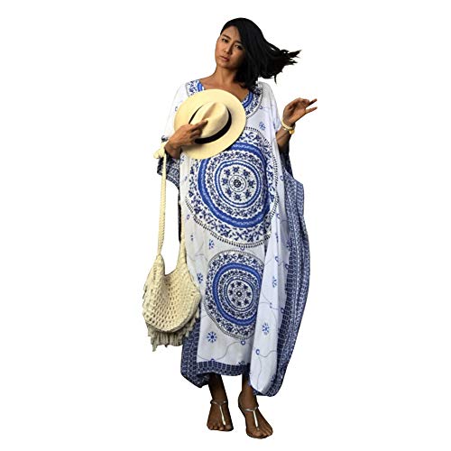 Lazzon Vestido Largo de Playa Mujer Verano Traje de Baño Bohemio Maxi Caftán Túnica Talla Grande Pareos (Azul B)