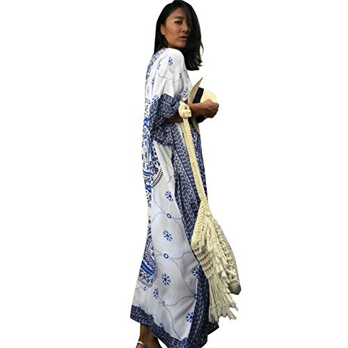 Lazzon Vestido Largo de Playa Mujer Verano Traje de Baño Bohemio Maxi Caftán Túnica Talla Grande Pareos (Azul B)