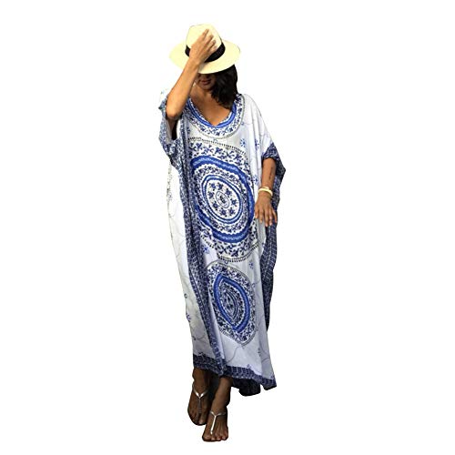 Lazzon Vestido Largo de Playa Mujer Verano Traje de Baño Bohemio Maxi Caftán Túnica Talla Grande Pareos (Azul B)