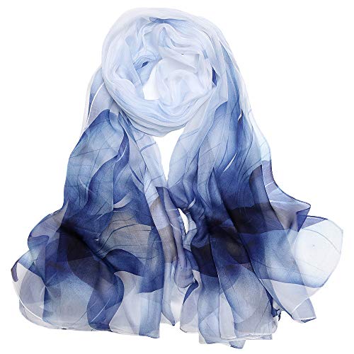 LDCSA Pañuelo Seda Mujer Cuello Bufanda Mantón Elegante Regalo de Mujer 175 X 65cm(Azul blanco)