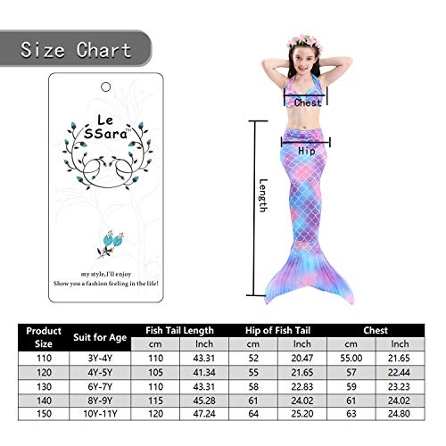 Le SSara 2018 New Muchachas Sirena Tails Bikini Traje de baño 4PCS Traje de baño con Aleta para Nadar Cosplay (150, DH48-Pink)