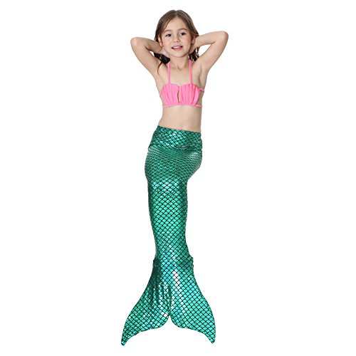 Le SSara Sea-Maid Trajes de baño Sirena Concha Traje de baño 3pcs Bikini Las niñas Establece (130,Pink+Green)