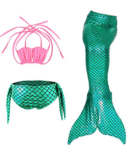 Le SSara Sea-Maid Trajes de baño Sirena Concha Traje de baño 3pcs Bikini Las niñas Establece (130,Pink+Green)