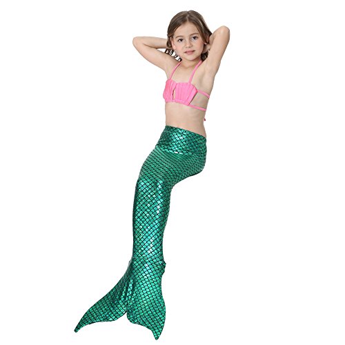 Le SSara Sea-Maid Trajes de baño Sirena Concha Traje de baño 3pcs Bikini Las niñas Establece (130,Pink+Green)