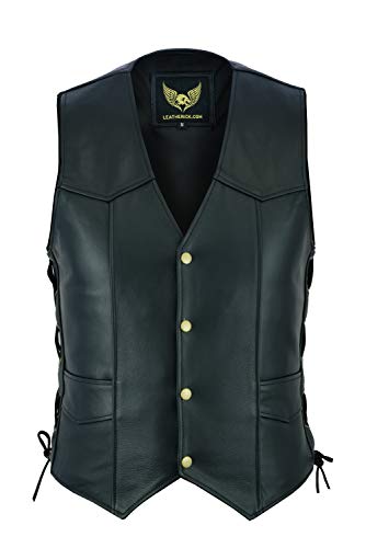 Leatherick Chaleco de Cuero Real para Hombre con Encaje Lateral Estilo Motero Moda Casual