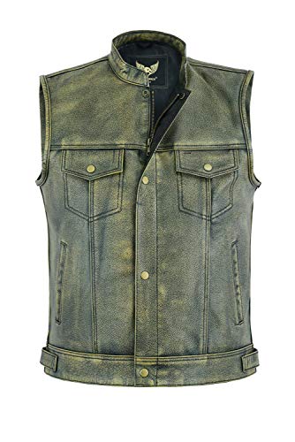Leatherick Chaleco de motociclista de grano superior para hombre marrón envejecido con botones abiertos para montar y corte de moda de estilo chaleco, estilo SOA