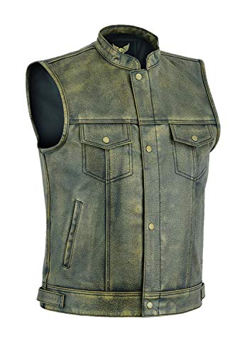 Leatherick Chaleco de motociclista de grano superior para hombre marrón envejecido con botones abiertos para montar y corte de moda de estilo chaleco, estilo SOA