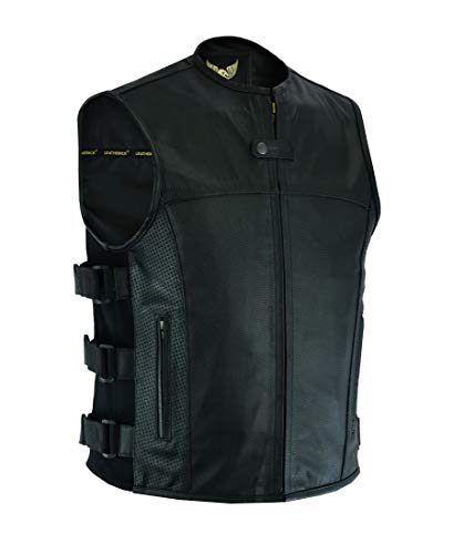 Leatherick Chaleco tipo de cuero de motociclista de grano superior estilo táctico SWAT para hombre con bolsillo profundo y paneles de bolsillo perforados