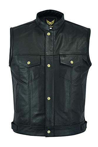 Leatherick SOA Chaleco de motociclista de cuero genuino para hombre, botones abiertos para montar y corte de moda estilo chaleco, con bolsillos profundos