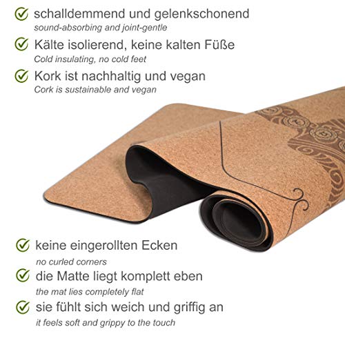 Lebensmuster Esterilla de yoga antideslizante de corcho y caucho natural, incluye bolsa, 183 cm x 66 cm x 5 mm, sin sustancias nocivas, tu compañero Treuer, esterilla de yoga