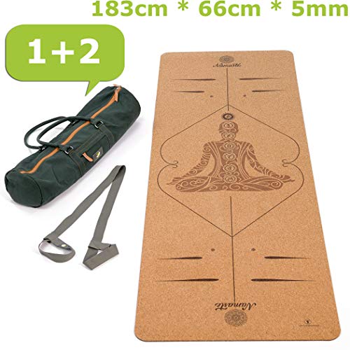 Lebensmuster Esterilla de yoga antideslizante de corcho y caucho natural, incluye bolsa, 183 cm x 66 cm x 5 mm, sin sustancias nocivas, tu compañero Treuer, esterilla de yoga