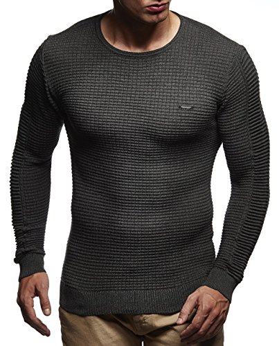 Leif Nelson suéter de Jersey de Punto Fino de Cuello Redondo de los Hombres de LN-1545 Antracita X-Large