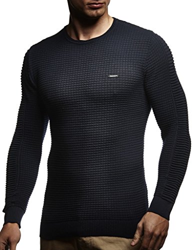 Leif Nelson suéter de Jersey de Punto Fino de Cuello Redondo de los Hombres de LN-1545 Azul X-Large