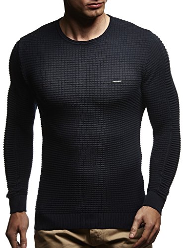 Leif Nelson suéter de Jersey de Punto Fino de Cuello Redondo de los Hombres de LN-1545 Azul X-Large