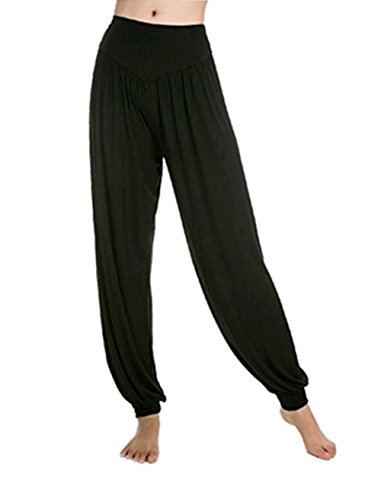 Leisial Pantalones de Yoga Algodón Suave Piernas Pantalones Anchos Sólido Color Elástico Pretina Pantalones Bombachos de Fitness Bailan Deportivo para Mujeres,Negro XL (XXL) (M)