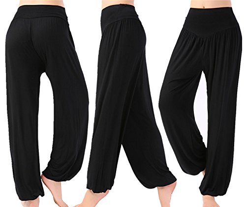 Leisial Pantalones de Yoga Algodón Suave Piernas Pantalones Anchos Sólido Color Elástico Pretina Pantalones Bombachos de Fitness Bailan Deportivo para Mujeres,Negro XL (XXL) (M)