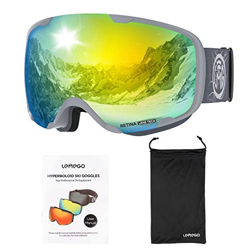 LEMEGO Gafas de Esquí, Antivaho Máscara de Esquí Lentes Esféricas Dobles Gafas de Snowboard UV400 Protección OTG Ski Goggles Casco Compatible para Hombres y Mujeres Jóvenes