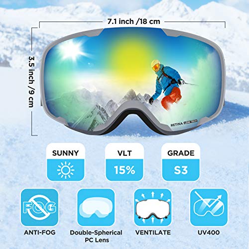 LEMEGO Gafas de Esquí, Antivaho Máscara de Esquí Lentes Esféricas Dobles Gafas de Snowboard UV400 Protección OTG Ski Goggles Casco Compatible para Hombres y Mujeres Jóvenes
