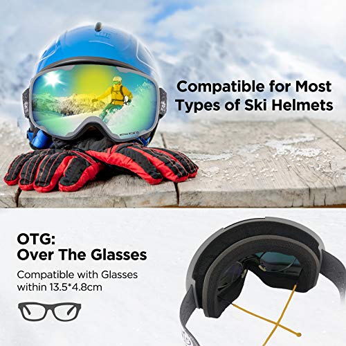 LEMEGO Gafas de Esquí, Antivaho Máscara de Esquí Lentes Esféricas Dobles Gafas de Snowboard UV400 Protección OTG Ski Goggles Casco Compatible para Hombres y Mujeres Jóvenes