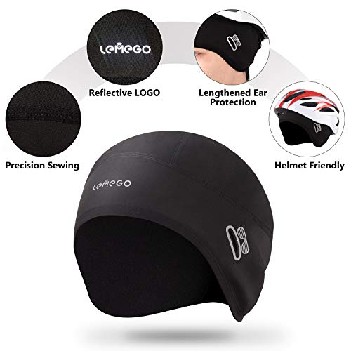 LEMEGO Gorro Ciclismo, Forro Polar de Invierno Gorro Bajo Casco con Tapas de Orejas y Agujero de Gafas, Térmico, A Prueba de Viento Gorro Invierno, Apto para Moto, Esquí, Correr, Deporte al Aire Libre