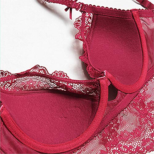 Lencería de Las Mujeres 4 Piezas Bra Sexy Bragas Liguero Stocking Temptation Set (ES:90B=EU:75B, Rojo)