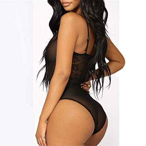 Lencería Sexy Vestido de Encaje Babydoll Mujeres Ropa interior Vestido de Dormir Transparente Siamés Erótica Espalda Proumy (M)