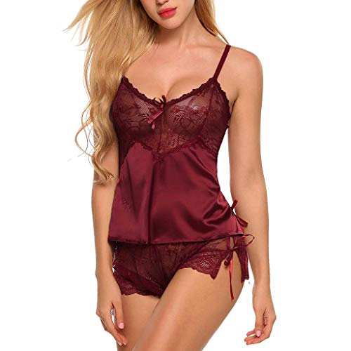 Lenfesh Lencería De Dormir elástico Suave Camisones Encaje Transparente Camisón Conjunto Talla Grande Pijamas Ropa Interior Sexy para Mujer (L, Vino-1)