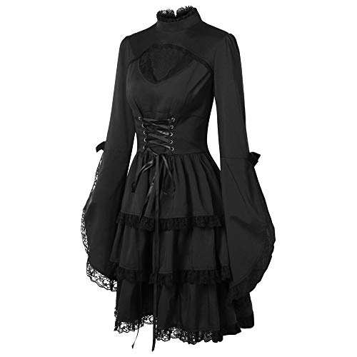 Lenfesh Otoño Invierno Mini Vestido con Manga Larga para Mujer Vestido gotico Negro Vestido de Fiesta Cóctel Vintage Rockabilly Vestido de Fiesta