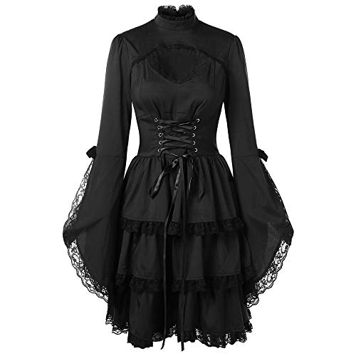 Lenfesh Otoño Invierno Mini Vestido con Manga Larga para Mujer Vestido gotico Negro Vestido de Fiesta Cóctel Vintage Rockabilly Vestido de Fiesta