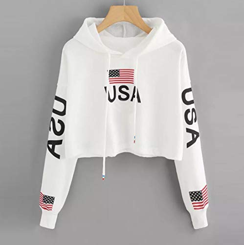 Lenfesh Sudadera Estampada USA con Capucha Sudaderas de Impresión De Bandera Americana Manga Larga para Mujer Tops Blusa