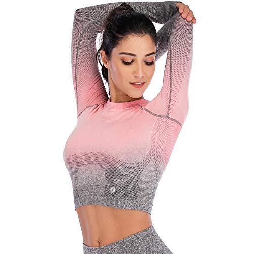 Leoyee Seamless Gradient Gym Medias Camisa Deportiva Yoga Top para Mujeres Running Camiseta de Entrenamiento Top de Manga Larga (Rosa/Grigio Chiaro, Small)