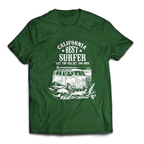 lepni.me Camisetas Hombre Mejor Surfista de California - Vacaciones de Verano en la Playa, Estilo de Surf, Van, Diseño de Viajes (Small Verde Oscuro Multicolor)