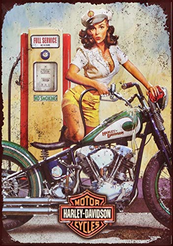 Letrero metálico con diseño retro de Harley Davidson de chica en la gasolinera, impreso en aluminio cepillado a todo color de 25,4 cm x 20,32 cm