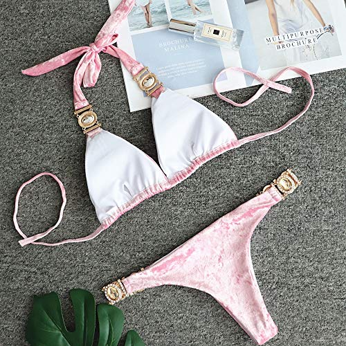 Li Largo Terciopelo de Oro Rosa Dividida Traje de baño Femenino al por Mayor de Cristal de Diamante Atractivo del Bikini (Color : Pink, Size : M)