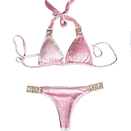 Li Largo Terciopelo de Oro Rosa Dividida Traje de baño Femenino al por Mayor de Cristal de Diamante Atractivo del Bikini (Color : Pink, Size : M)