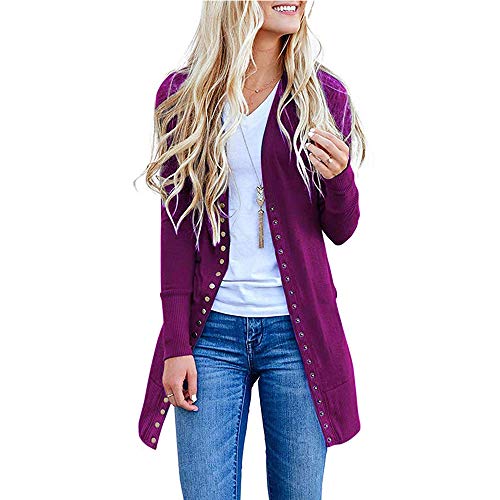 LIEBE721 Mujer Invierno Cardigan Morado Jersey de Punto Suelto Color Sólido Chaqueta Botón Suéter para Otoño Invierno Pullover Camisetas Túnicas
